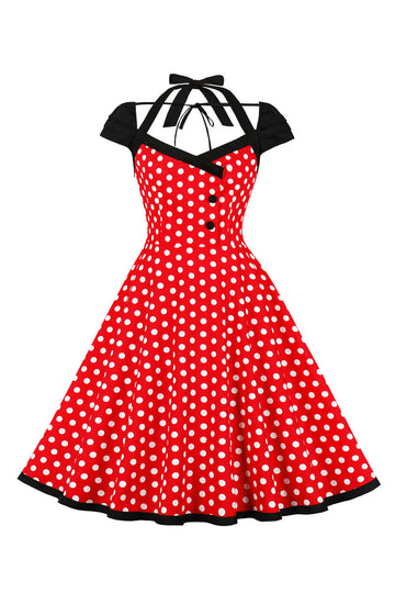 Red Polka Dots Halter Swing 1950s Dress